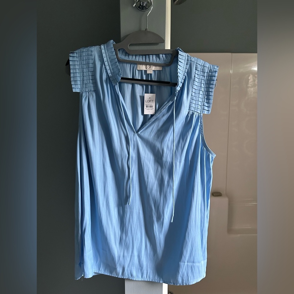 LOFT Blue Smocked Blouse with Mandarin Collar